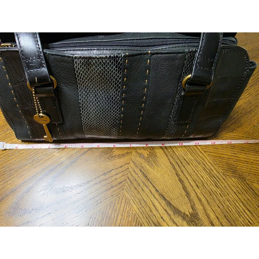 Fossil Black Leather Satchel Handbag Mixed Texture Croc Snake Print Brass Key